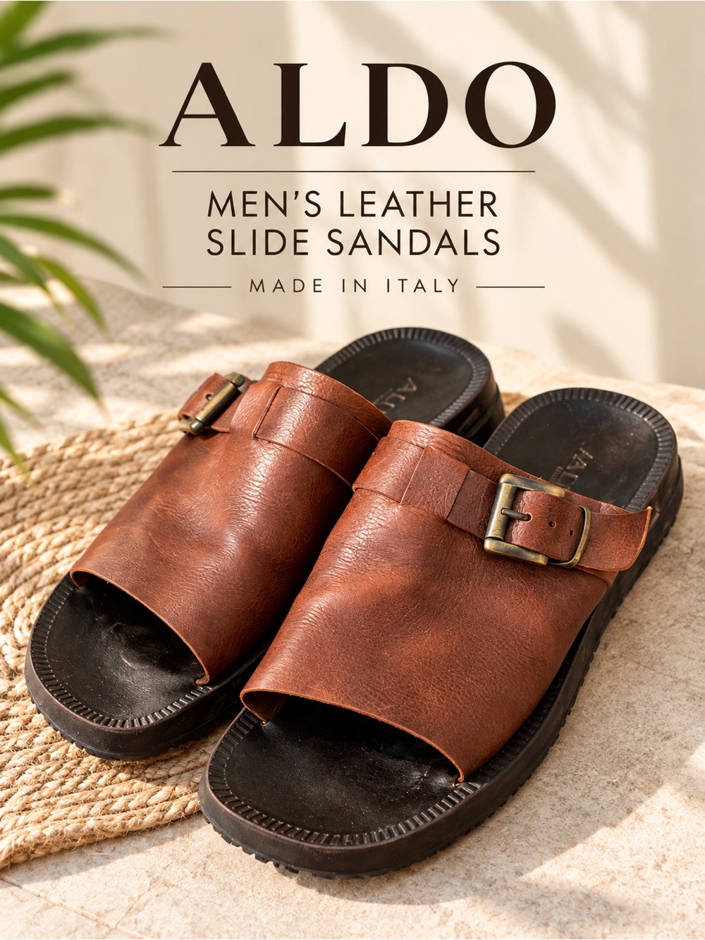 ALDO Men’s Brown Leather Buckle Slide Sandals Size 14 Italy